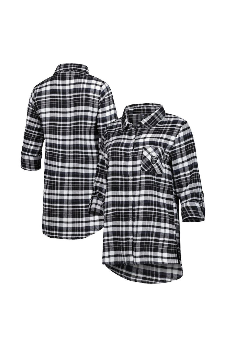 CONCEPTS SPORT Women's Concepts Sport Black Las Vegas Raiders Mainstay Plaid Full-Button Long Sleeve Nightshirt, Main, color, Black
