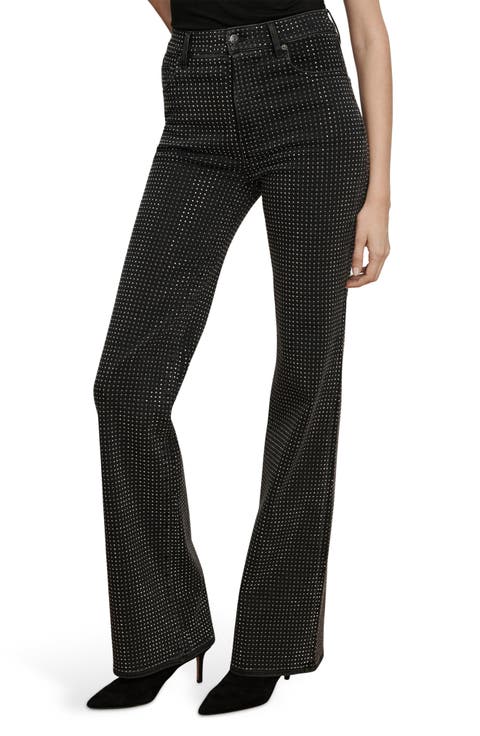 Crosbie Crystal Embellished High Waist Slim Wide Leg Jeans (Washed Onyx)