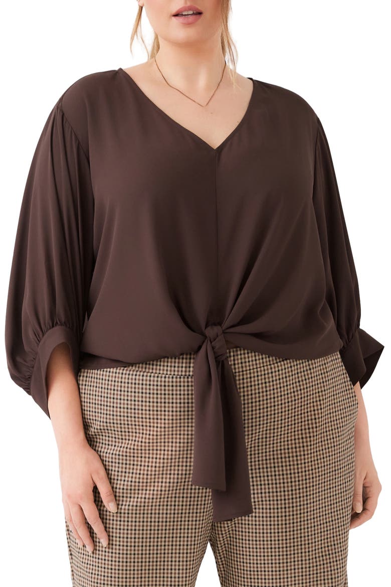 Blouson Sleeve Tie Front Top, Alternate, color, CHOCOLATE