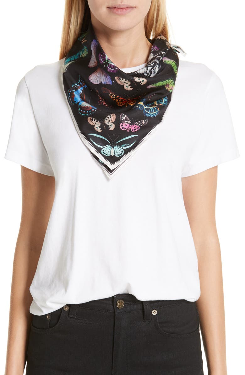 McQueen Alexander McQueen Skull & Rainbow Butterflies Print Silk Bandana, Alternate, color,