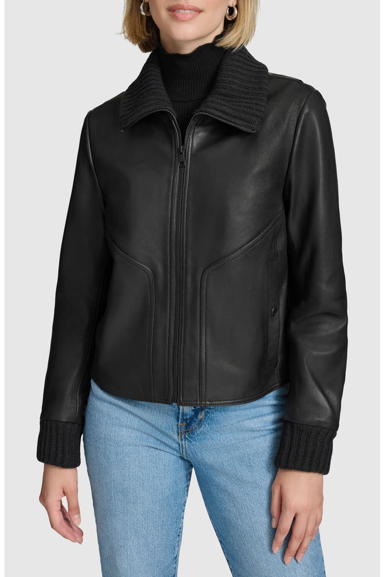 Beatrix Leather Bomber Jacket, Main, color, BLACK