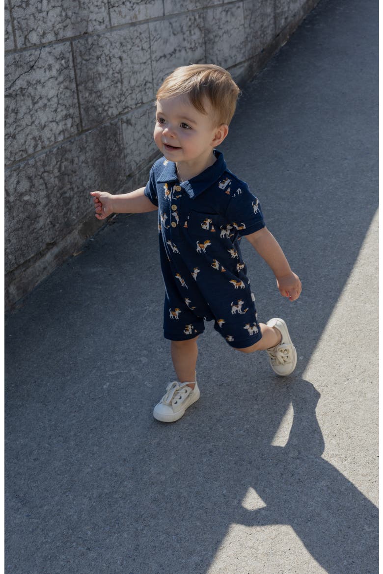 Pups At Work Organic Cotton Polo Romper, Alternate, color, NAVY