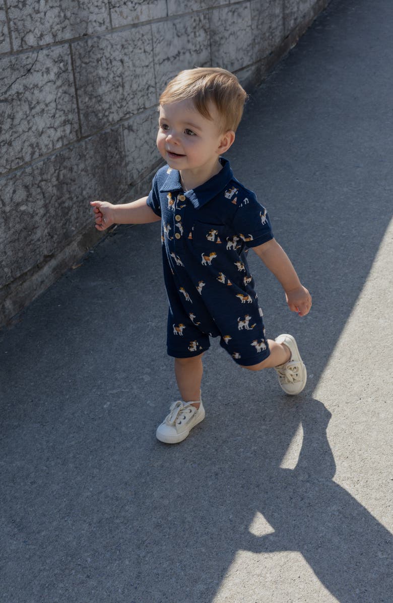 Petit Lem Pups At Work Organic Cotton Polo Romper, Alternate, color, Navy