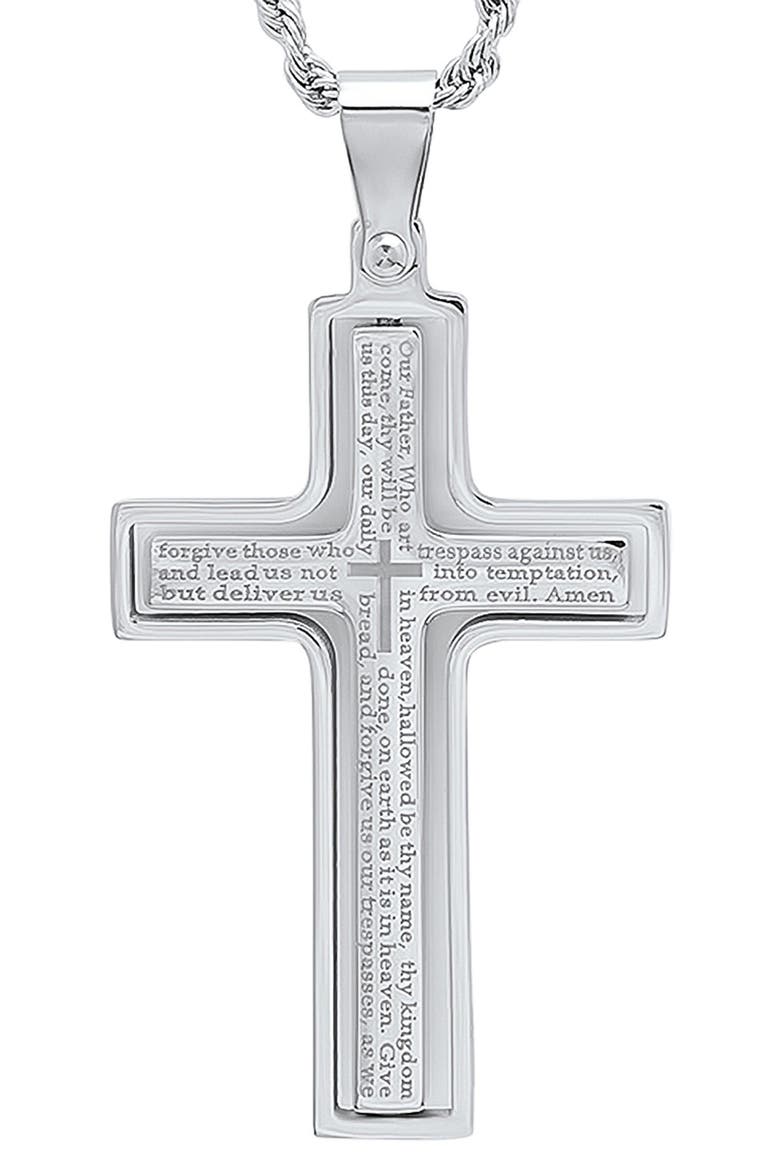Men's Lord's Prayer Engraved Cross Pendant Necklace, Alternate, color, METALLIC