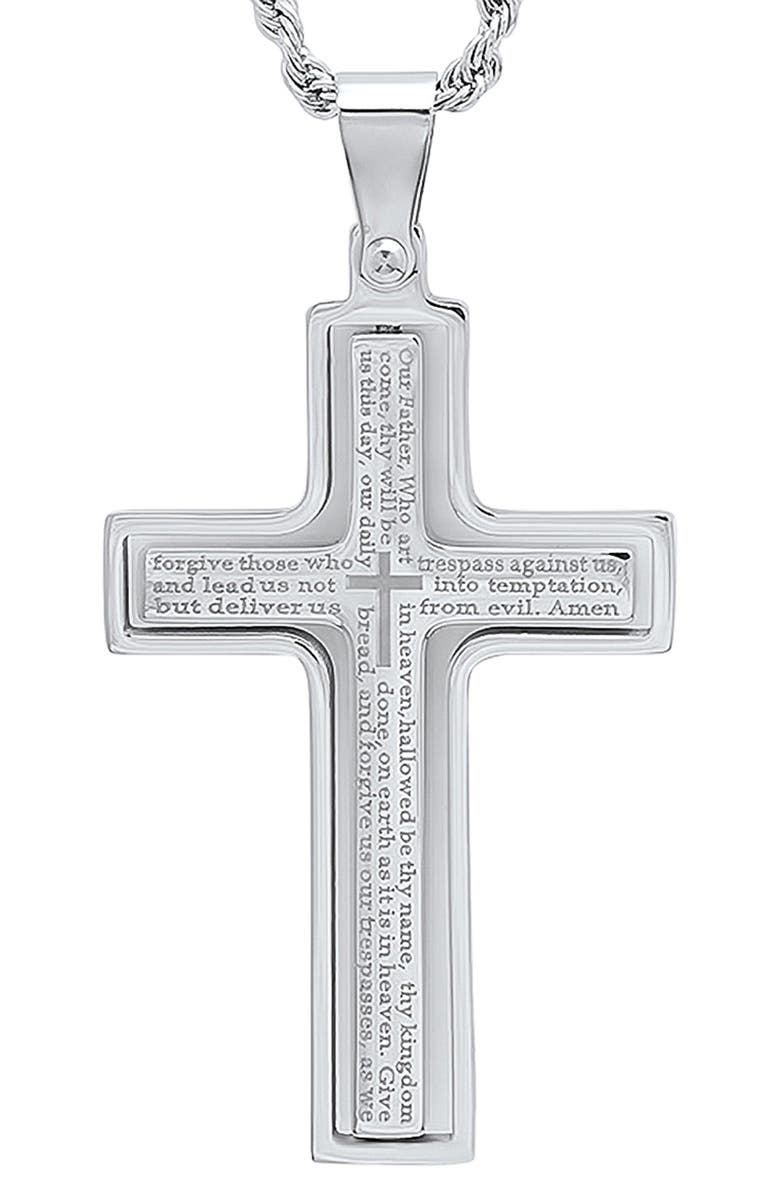 HMY JEWELRY Men's Lord's Prayer Engraved Cross Pendant Necklace, Alternate, color, Metallic