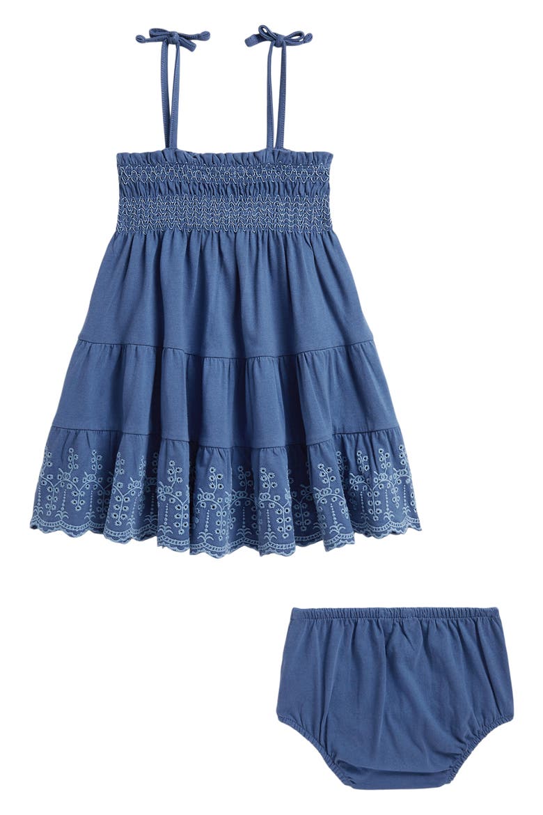 Embroidered Smocked Cotton Jersey Sundress with Bloomers, Alternate, color, EARTH BLUE