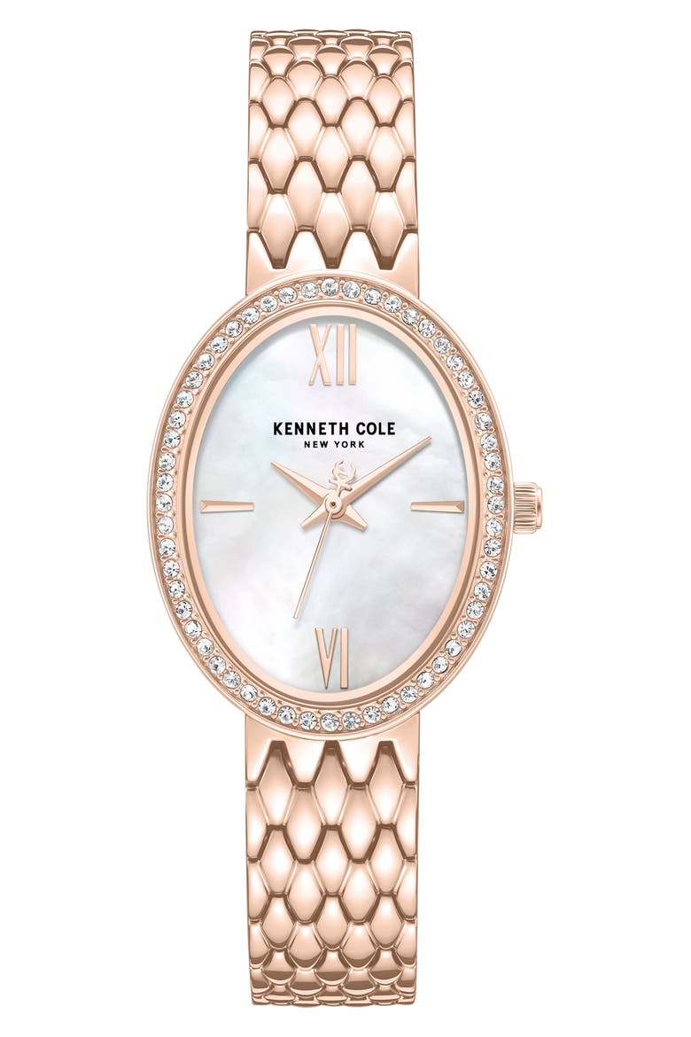 Oval Mother-of-Pearl & Crystal Bracelet Watch, 25mm x 38mm, Main, color, WHITE/ ROSE GOLD