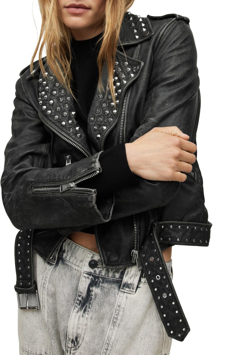 AllSaints Grommet Belted Sheepskin Leather Moto Jacket, Alternate, color,