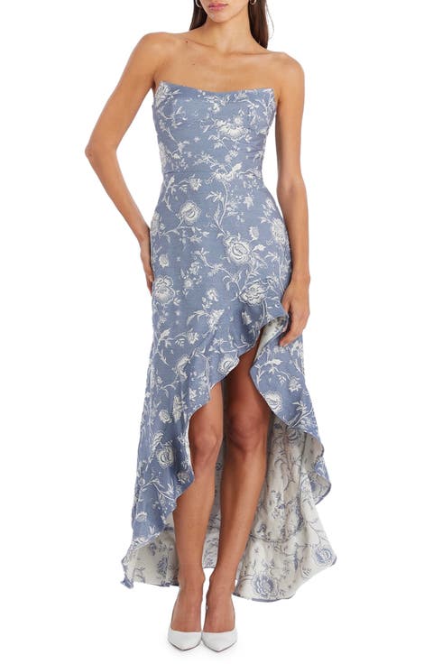 Alyse Floral Brocade Strapless High-Low Gown