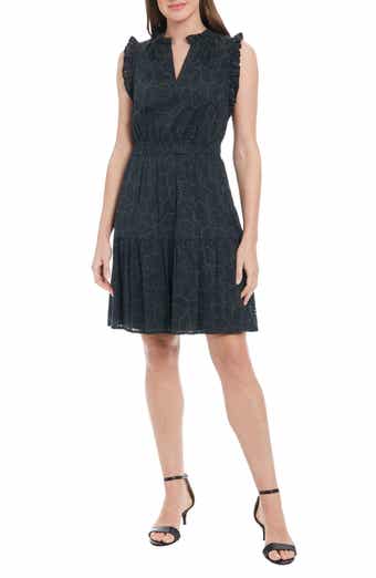London Times Split Neck Ruffle Eyelet Dress