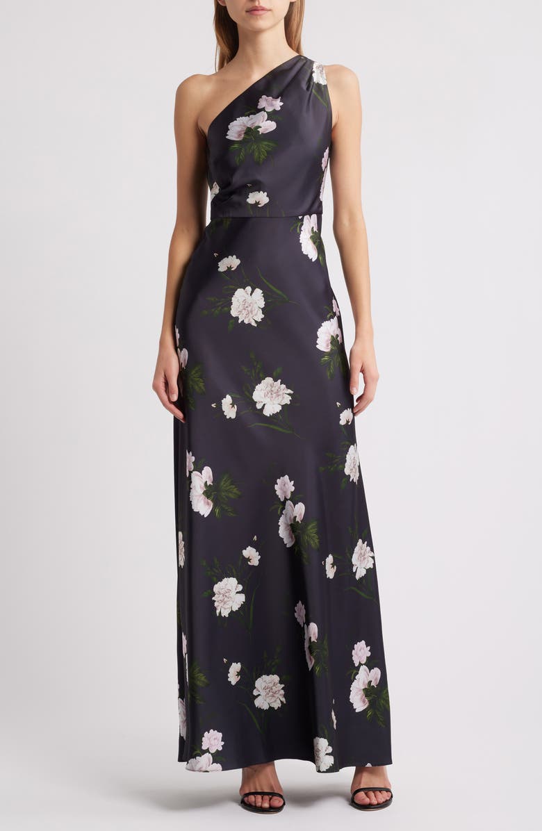 Sachin & Babi Delphine Floral One-Shoulder Satin Crepe Gown, Main, color, Dark Midnight Carnations