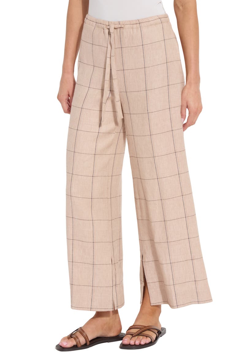 Nixie Check Drawstring Wide Leg Linen Blend Pants, Main, color, ISLA CHECK