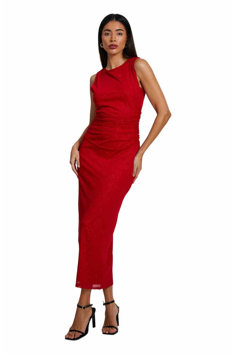 Glitter Mesh Boat Neck Midi Dress, Main, color, Red