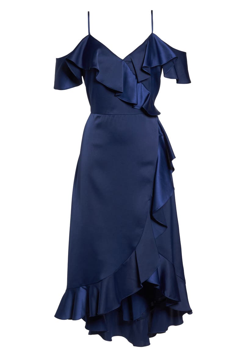 Faux Wrap Satin Ruffle Dress, Alternate, color, NAVY