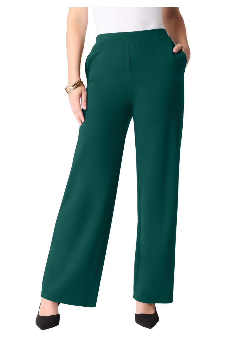 Plus Size Ponte Wide Leg Pant With Pockets And Pull On Elastic Waist, Main, color, EMERALD GREEN
