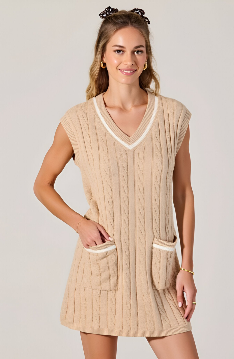 Modenaire Cable-Knit Mini Sweater Dress with Pockets, Main, color, Beige