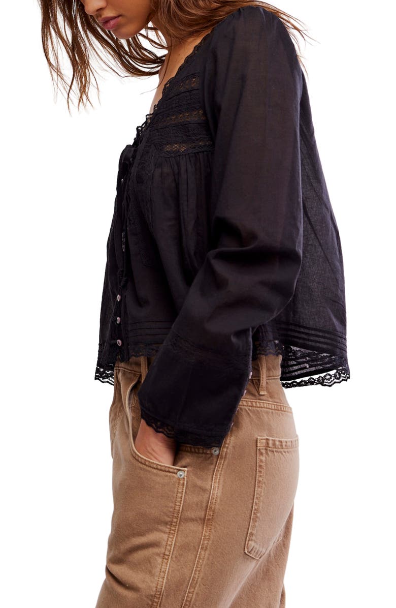 Free People Evermore Lace Inset Semisheer Cotton Top, Alternate, color, Black