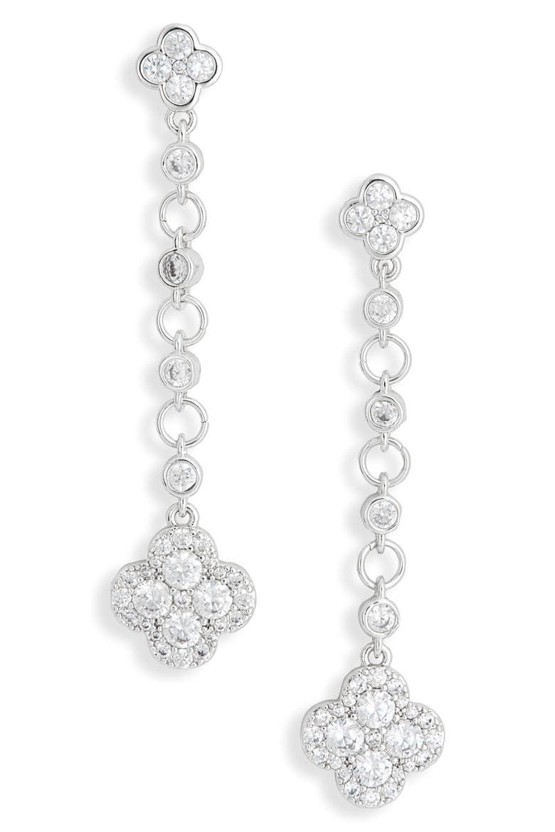 Cubic Zirconia Clover Linear Drop Earrings, Main, color, CLEAR- SILVER