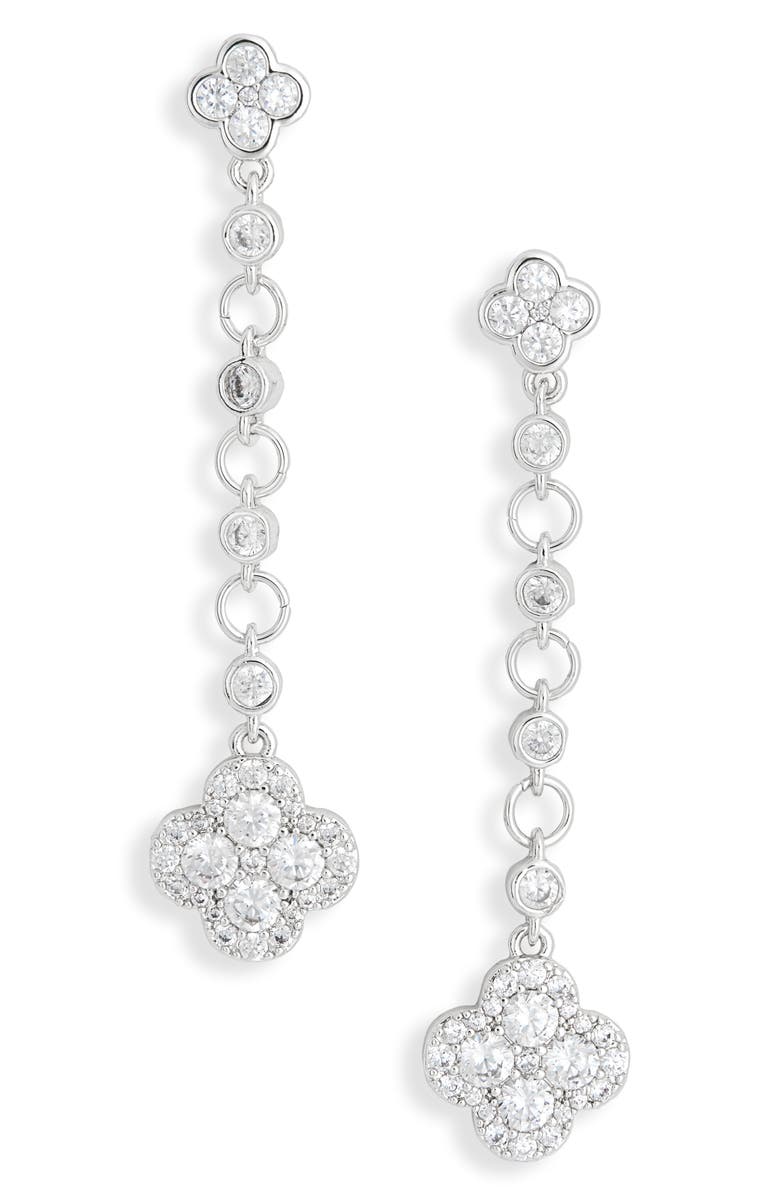 NORDSTROM RACK Cubic Zirconia Clover Linear Drop Earrings, Main, color, Clear- Silver