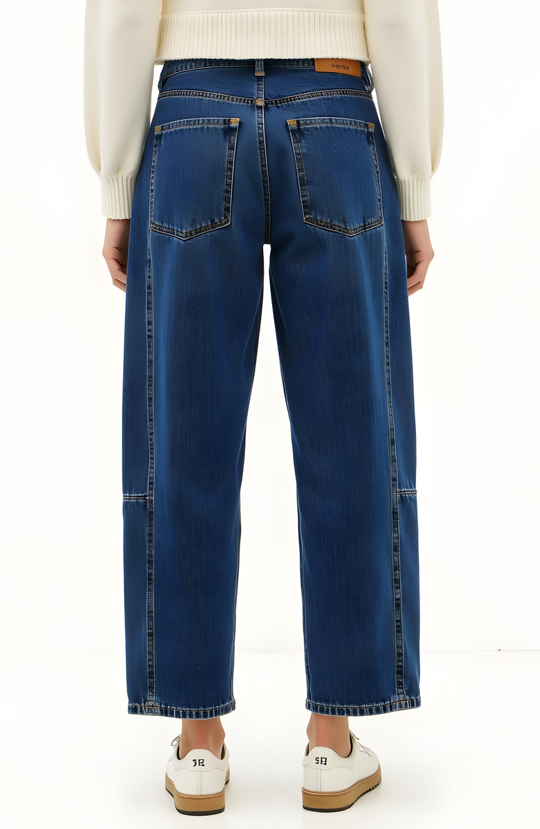 Modenaire Barrel Leg Denim Pants with Contrast Seams, High Waist and Pockets, Alternate, color, Dark Blue