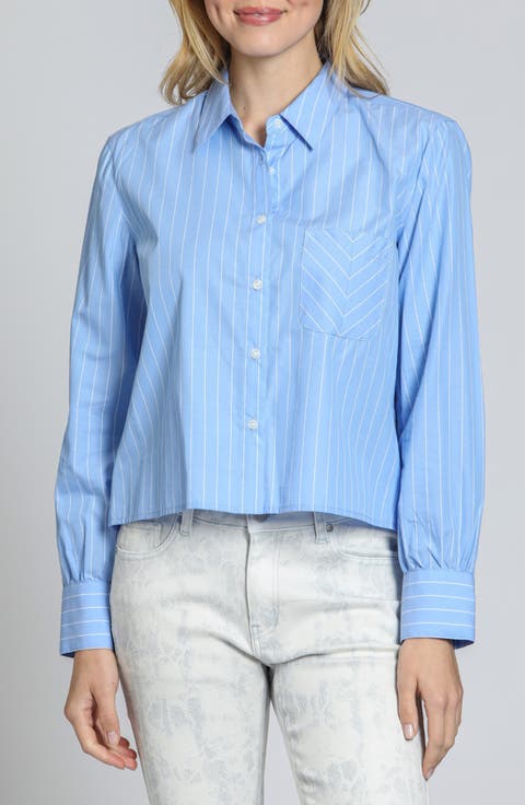Stripe Cotton Blend Crop Button-Up Shirt