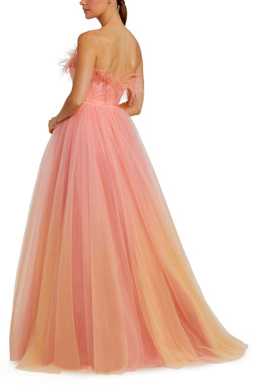 Mac Duggal Strapless Feather Hem Tulle Gown In Coral Ombre