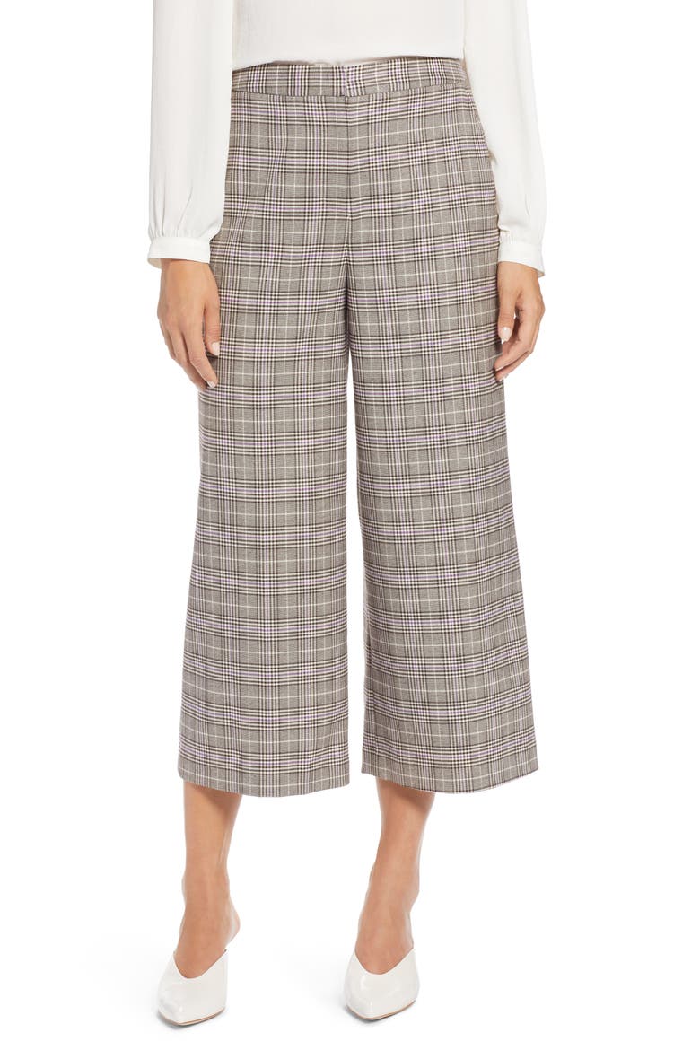 Plaid Wide Leg Crop Pants, Main, color, BROWN- PURPLE CHECK