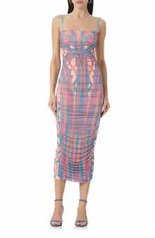 Hazel Printed Ruched Mesh Midi Dress