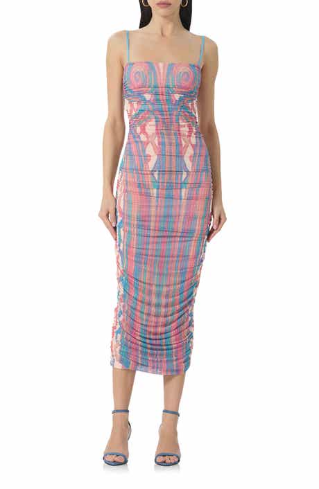 Hazel Printed Ruched Mesh Midi Dress