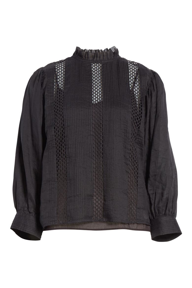 Lace Inset Ruffle Neck Top, Alternate, color, NOIR