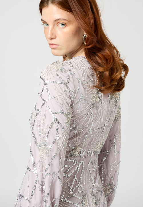 Maryisa Modest Embellished Sequin Beaded Maxi Dress With Sleeve