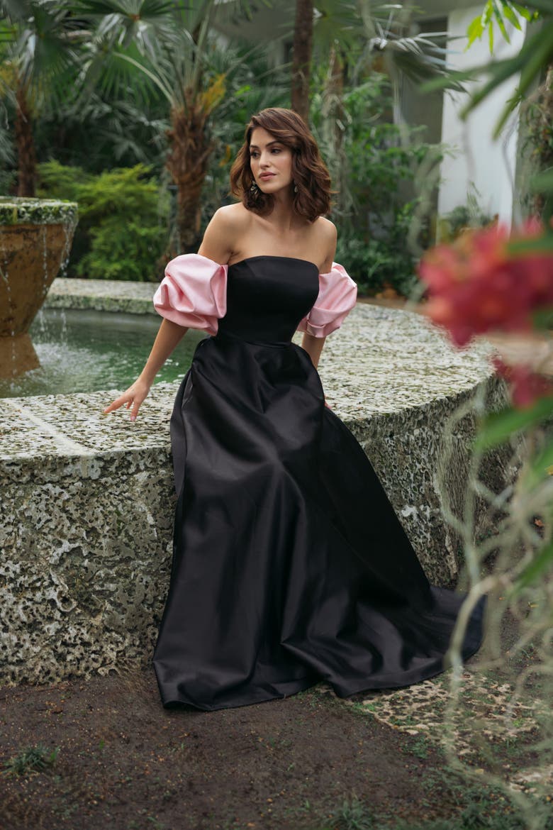 Satin Off The Shoulder Puff Sleeve Ball Gown, Alternate, color, Black Pink
