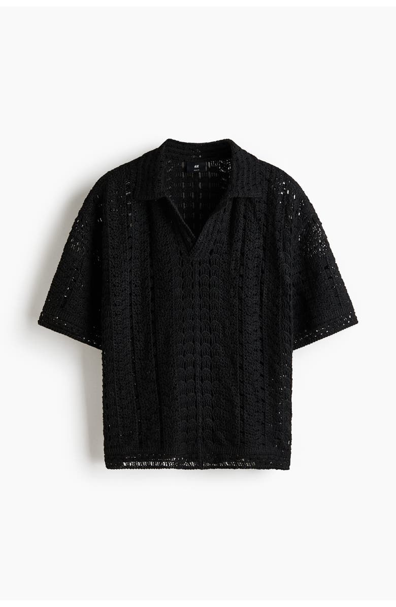 H&M Relaxed Fit Crochet-look Polo Shirt, Main, color, Black