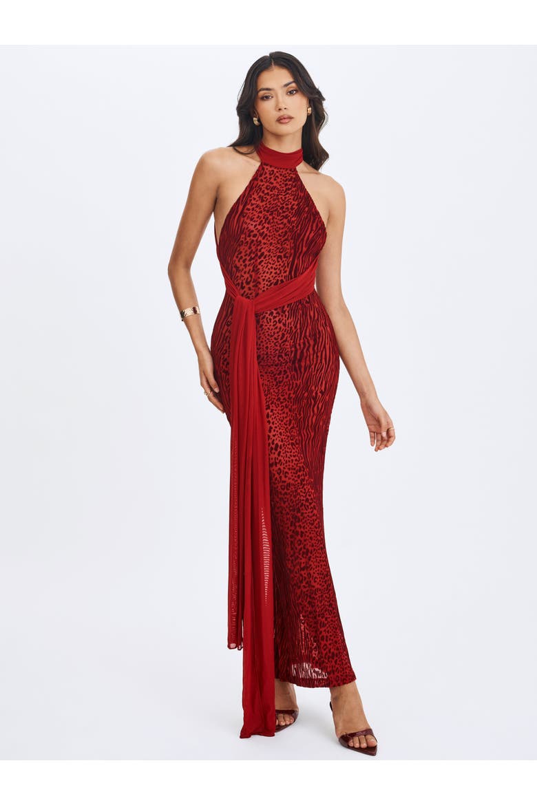 Cerise Burnout Velvet Multiwear Mesh Ribbon Maxi Dress, Alternate, color, Scarlet