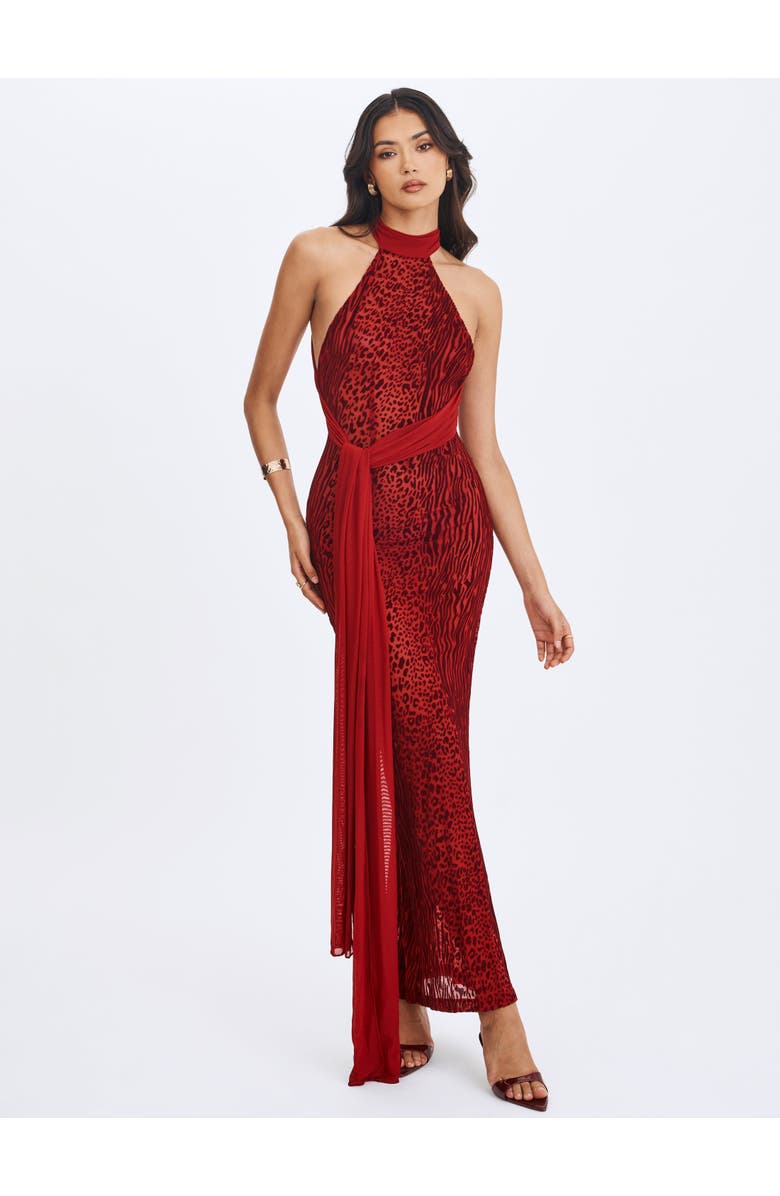 Miss Circle Cerise Burnout Velvet Multiwear Mesh Ribbon Maxi Dress, Alternate, color, Scarlet