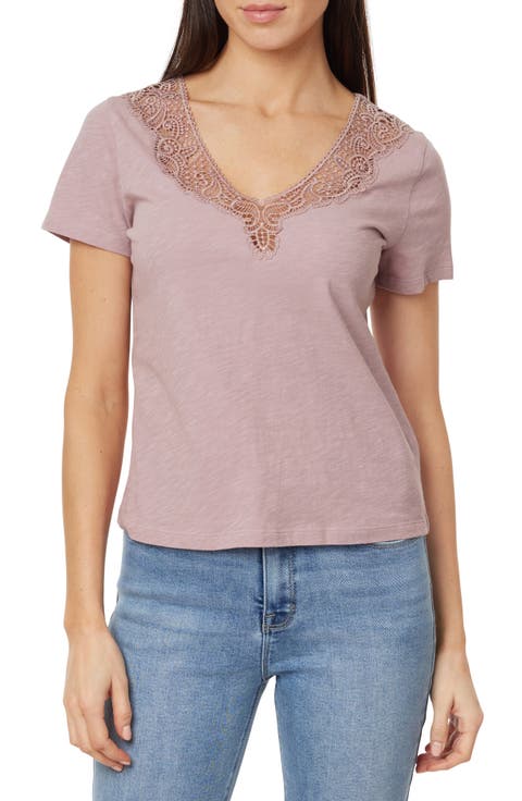 Lace Inset V-Neck Cotton T-Shirt