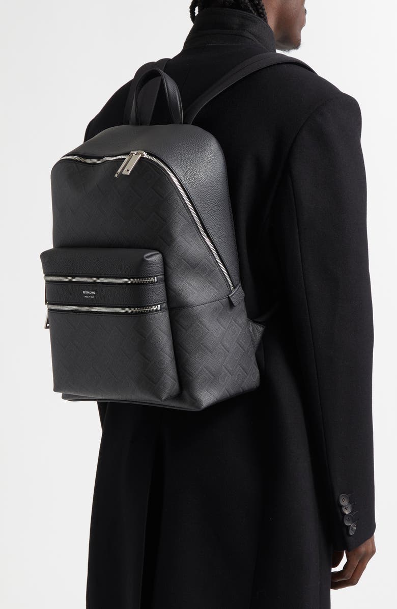 FERRAGAMO Gancio Embossed Leather Backpack, Alternate, color, Nero Grigio