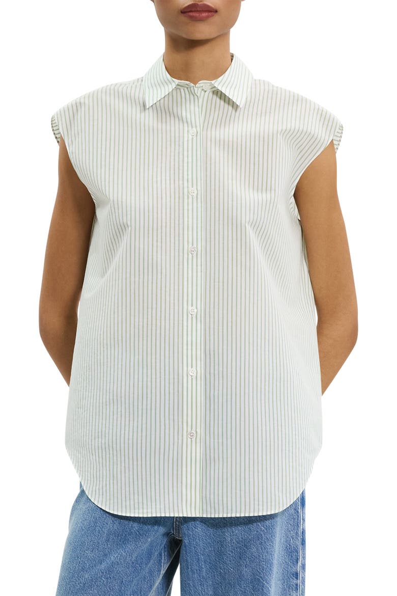 Stripe Cap Sleeve Button-Up Shirt, Alternate, color, GREEN MULTI
