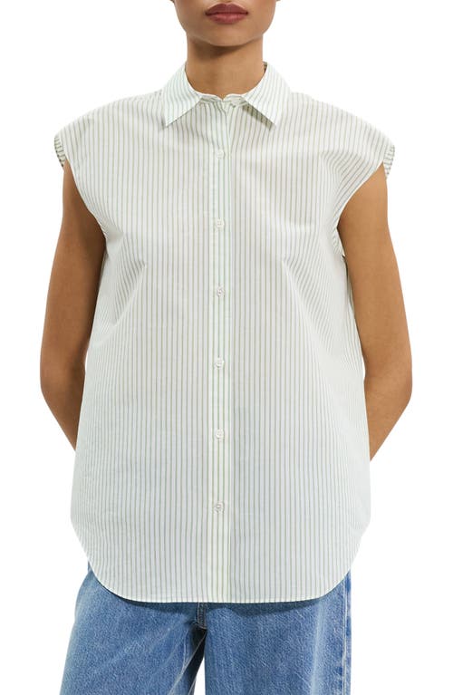 Theory Cinched Cap-sleeve Shirt In Striped Cotton-blend In Multi