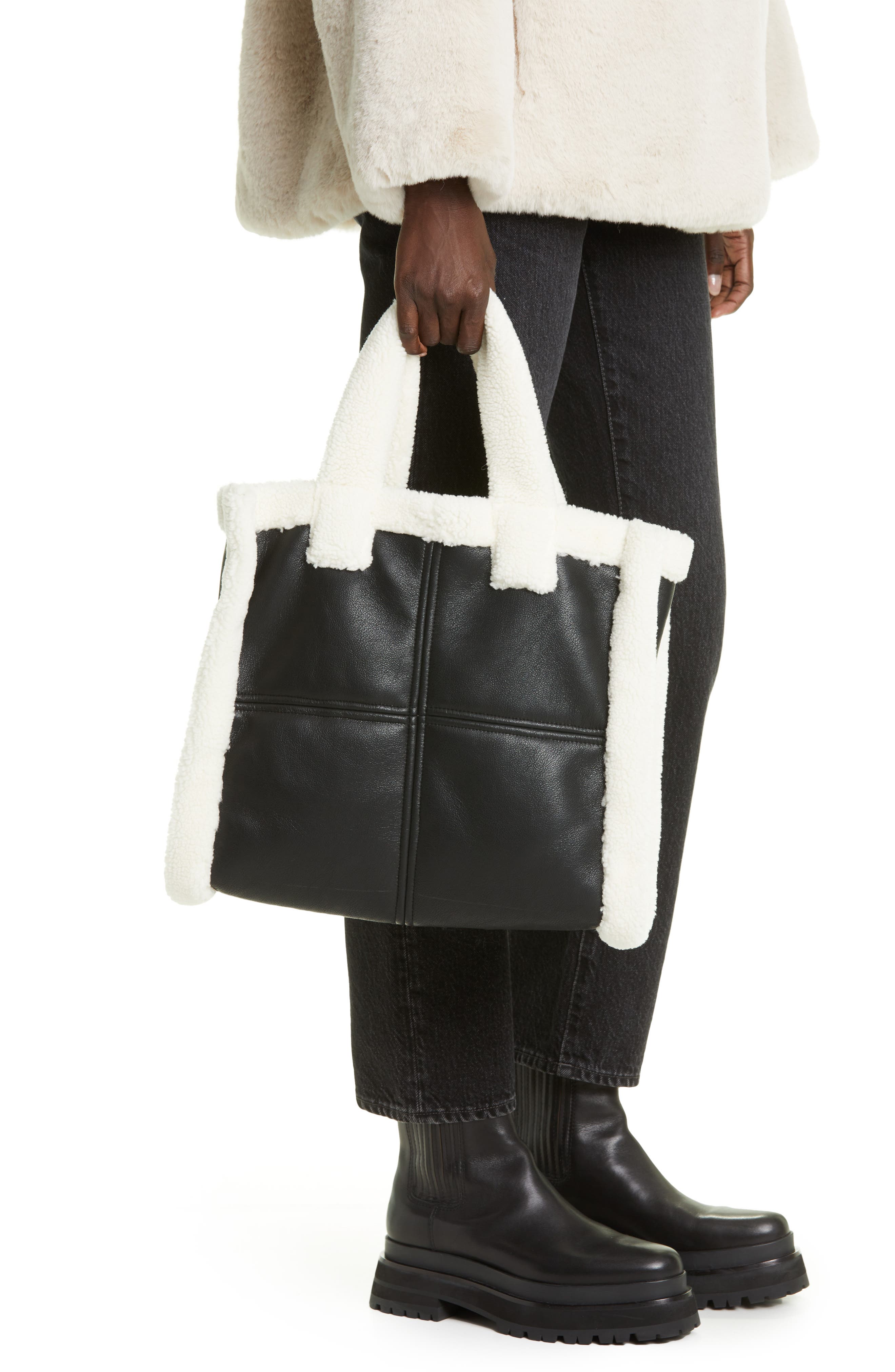 Stand Studio Medium Lolita Faux Shearling & Faux Leather Tote, Alternate, color, 