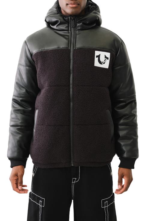 Fleece & Faux Leather Hooded Puffer Jacket