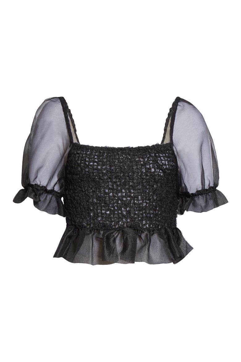 Cannon Organza Puff Sleeve Crop Top, Alternate, color, BLACK