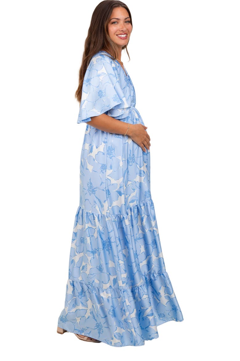 Floral Short Sleep Deep V-Neck Tiered Maxi Dress, Alternate, color, Light Blue