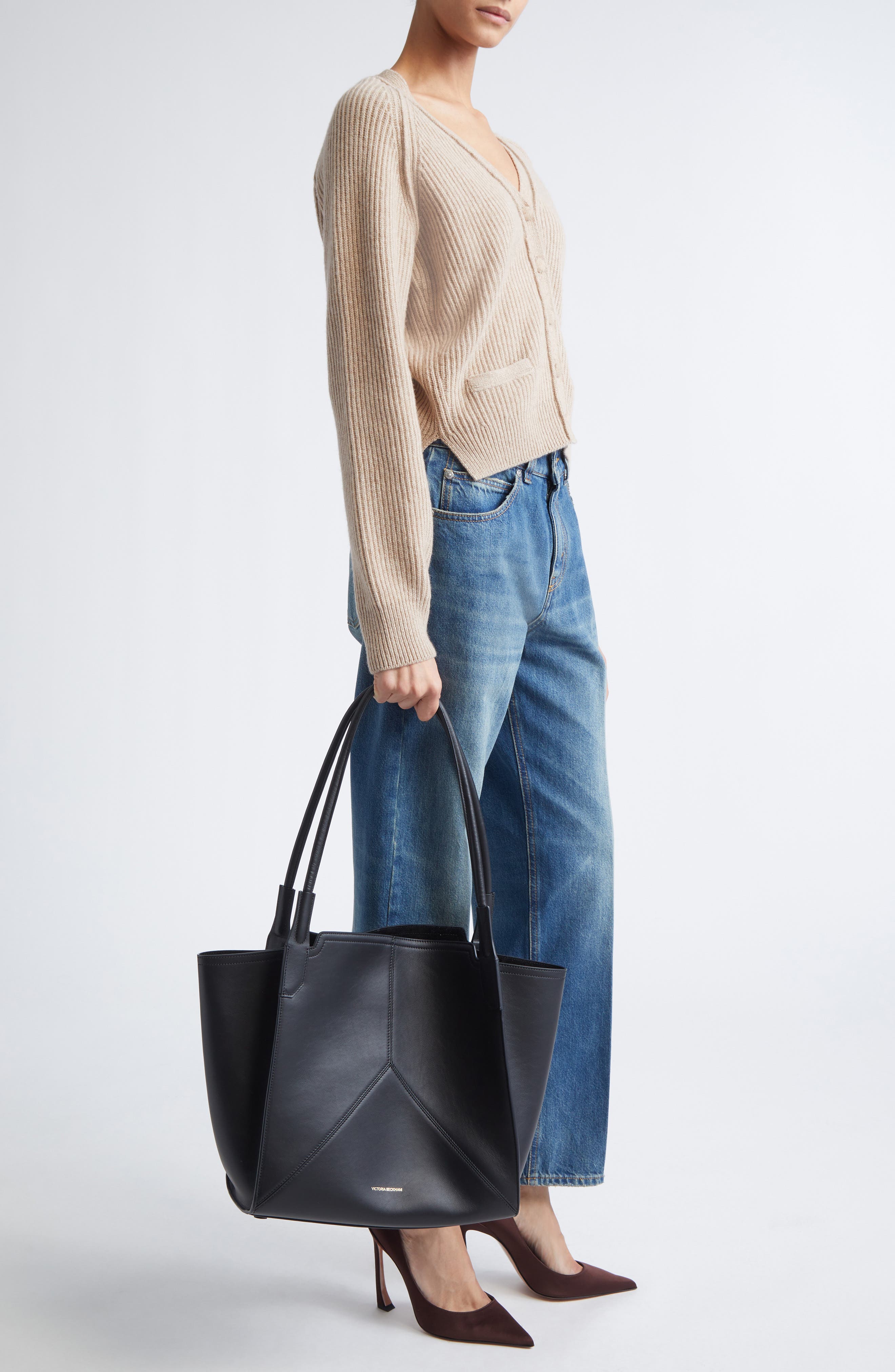 Victoria Beckham Small Victoria Leather Tote, Alternate, color, Black