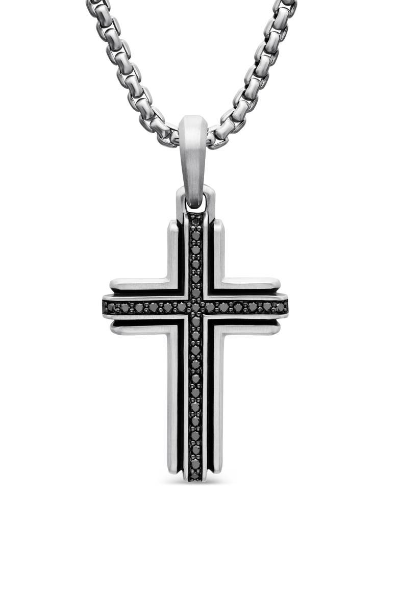 Deco Cross Pendant with Pavé Black Diamonds, Main, color, SILVER/ BLACK DIAMOND