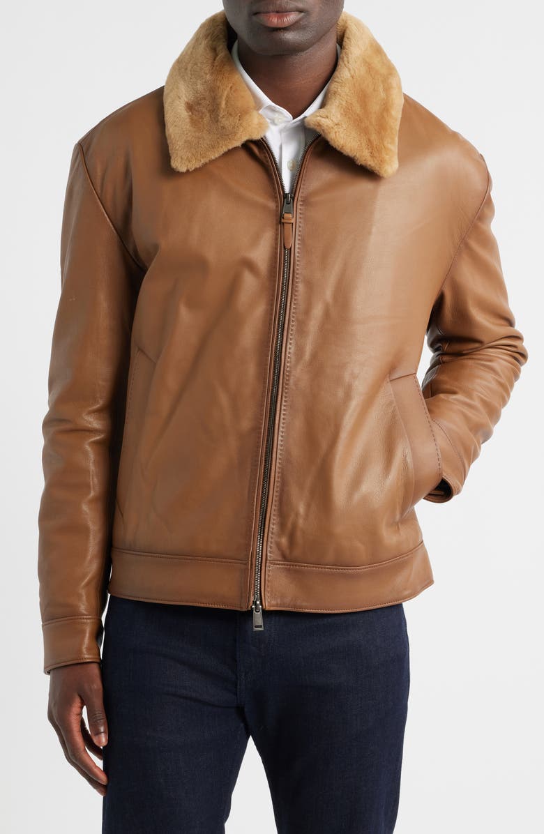 BOSS Mury Down Fill Leather Jacket with Removable Genuine Shearling Collar, Alternate, color, Medium Brown