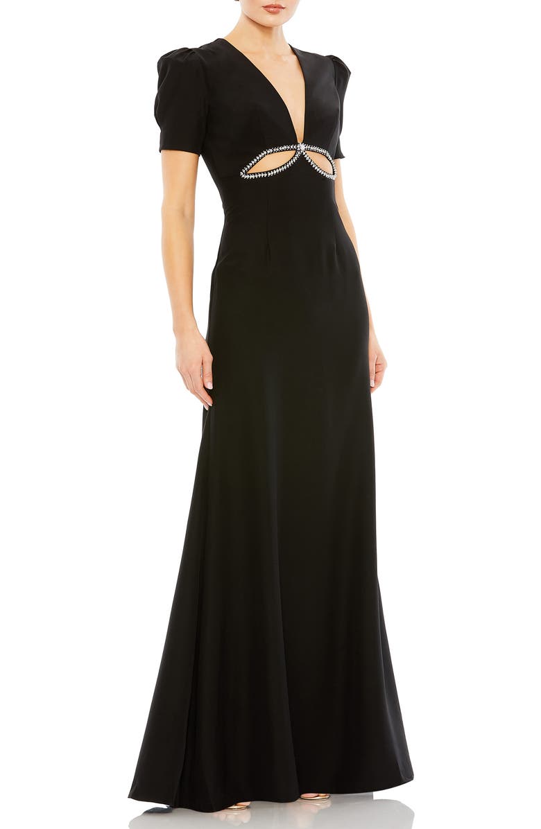 Mac Duggal Puff Sleeve Embellished Cutout Evening Gown, Main, color, Black