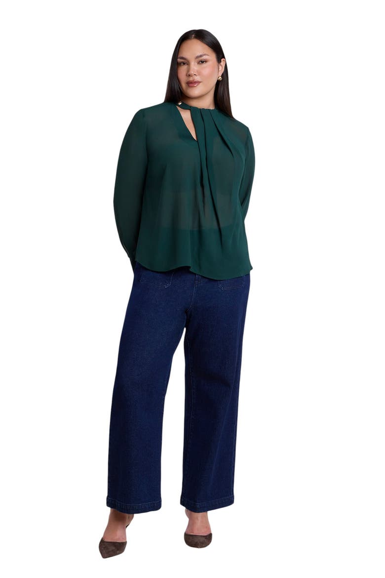 Chiffon Draped Placket Top, Alternate, color, DARK FOREST GREEN
