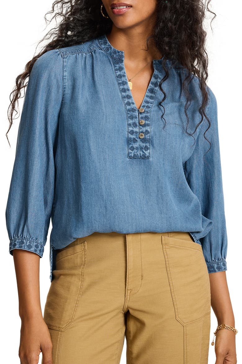 Chambray O'Lei Embroidered Top, Main, color, MED INDIGO WASH