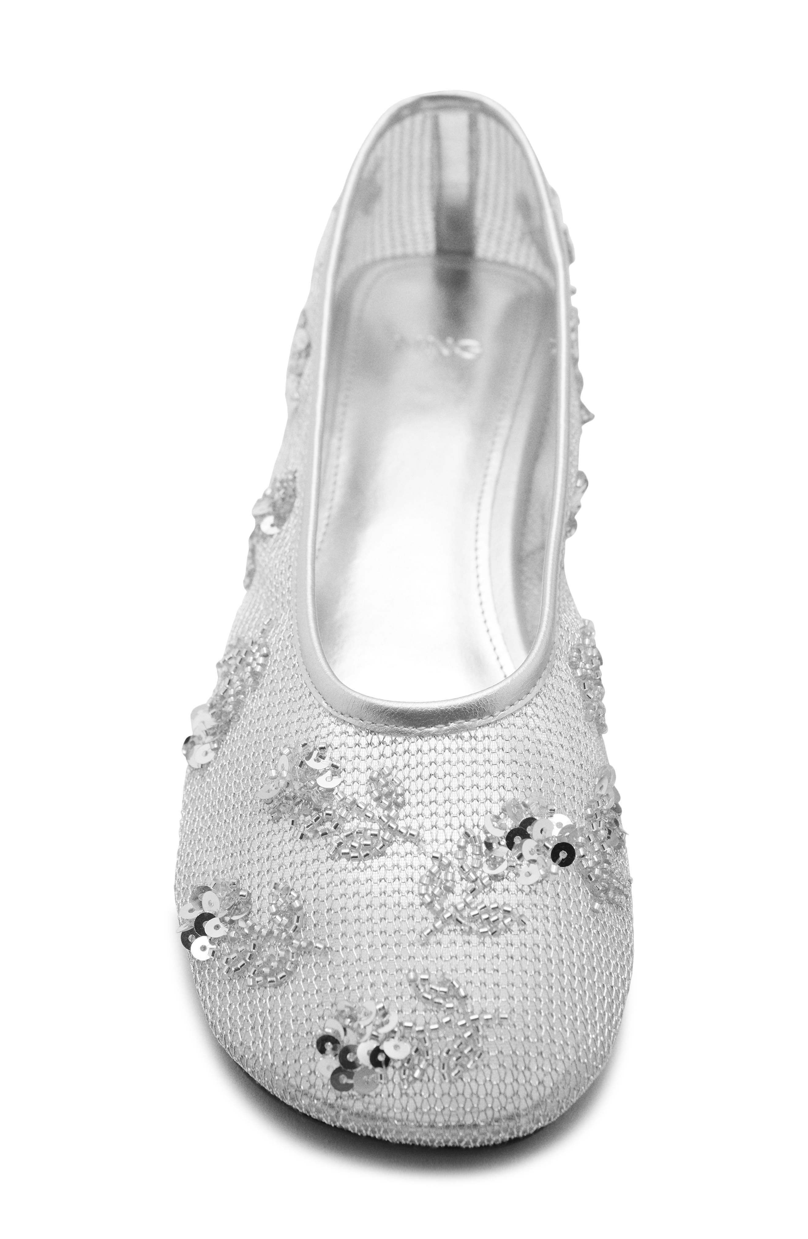 MANGO Floral Embellished Mesh Ballet Flat, Alternate, color, Silver